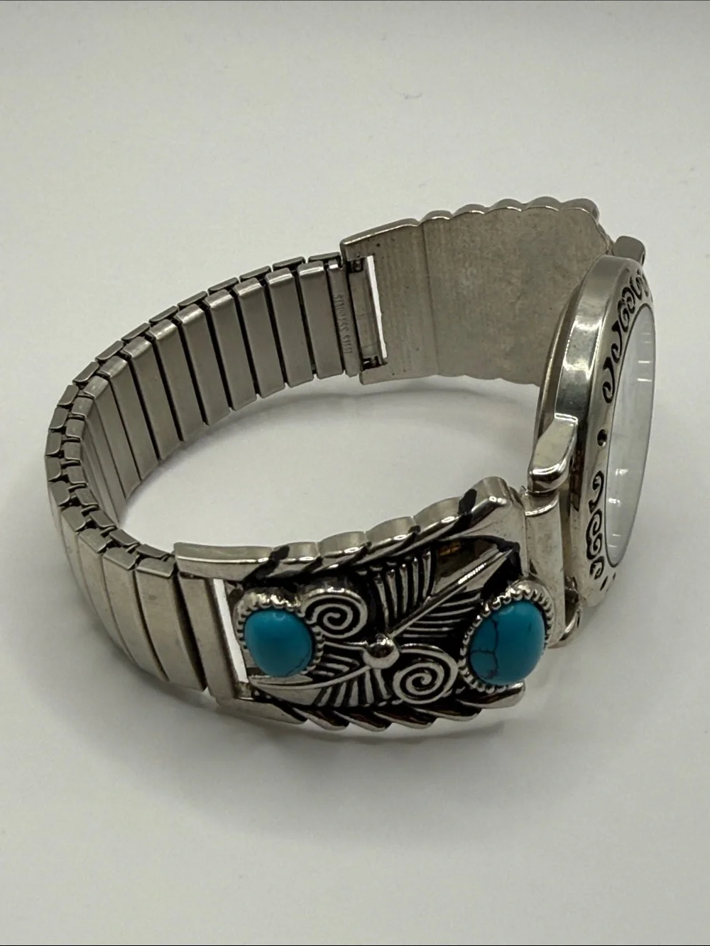 Vintage Southwestern Xavier Silver Tone Turquoise Blue Statement Watch Stretch